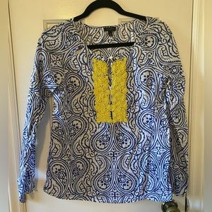 Talbots paisley blouse blue and white pattern yellow beaded detail XS